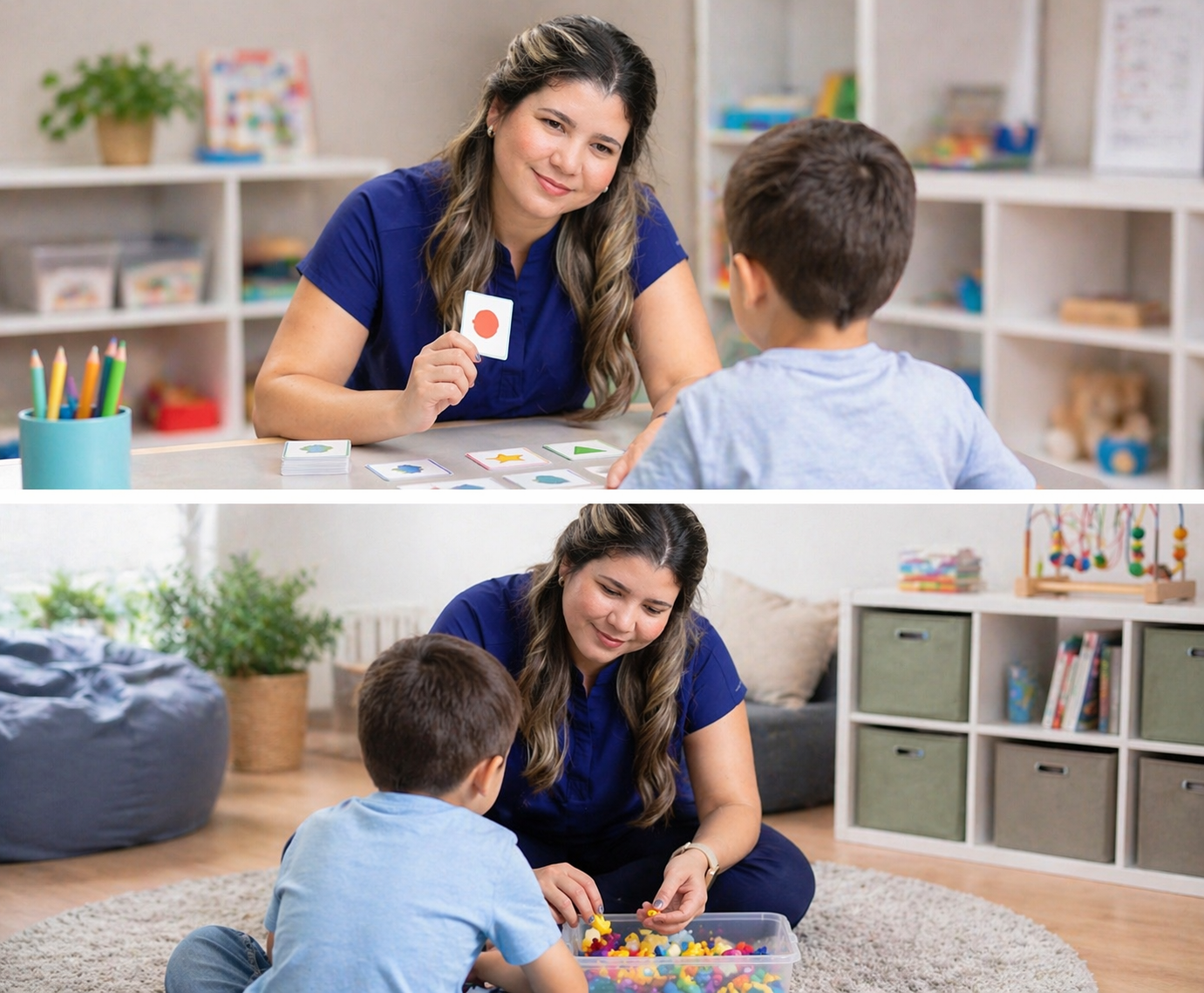 Mary Proenza acompañando a un niño durante actividades de juego