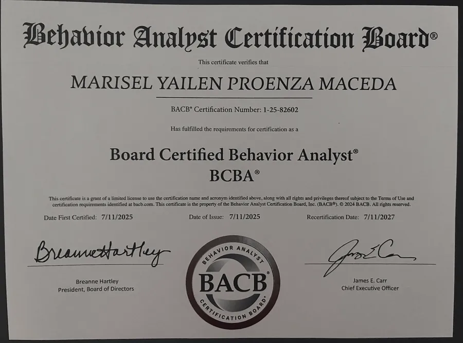 Certificado Board Certified Behavior Analyst emitido por BACB